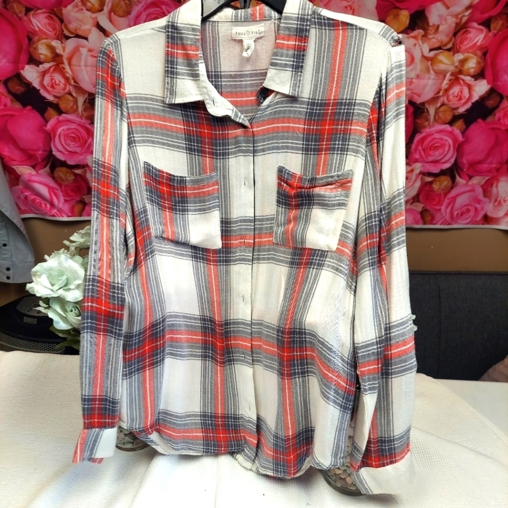 Full Tilt Large Long Sleeve Flannel (small rip on left shoulder) Orange/White/